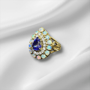 Pear Shape Tanzanite with Opal and Diamond Halo Ring