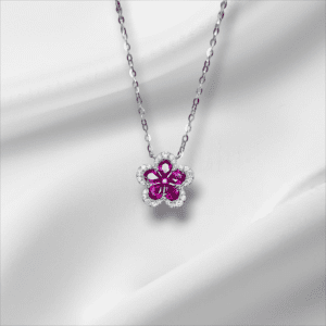 Ruby and Diamond Cluster Flower Necklace
