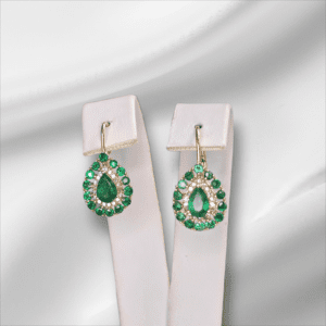 Pear Shape Emerald Double Halo Lever Back Earrings